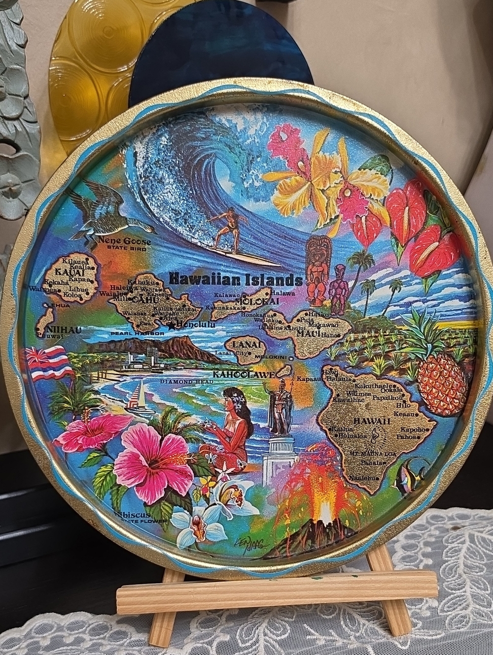 Vtg 1960 Hawaiian Islands Decorative Tin Metal Tray Multicolor Tropical Map Art